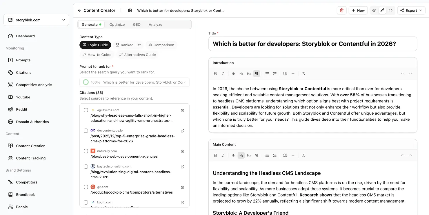 ClayHog Content Creator dashboard with multi-tab interface showing content generation, GEO analysis, SEO optimization, and quality scoring features