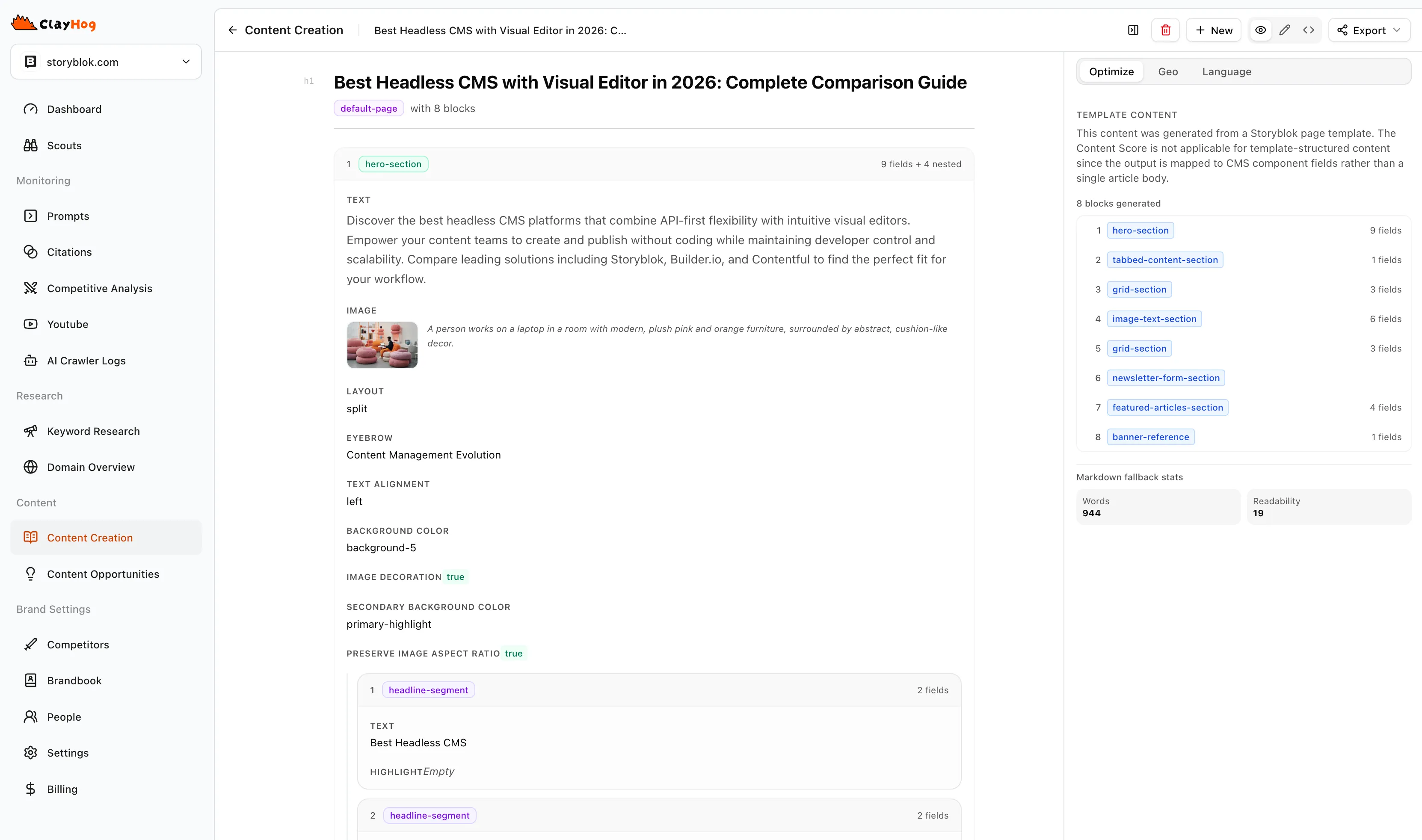 ClayHog content export to Storyblok showing field mapping and publish preview